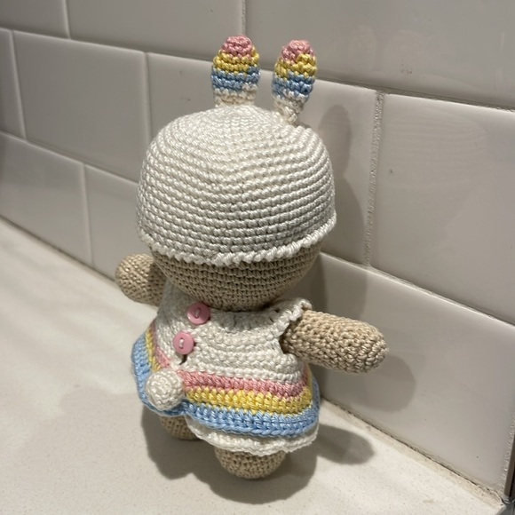 Handcrafted Doll in Bunny Rabbit Dress Easter Holiday Decor Crochet Toy Spring - Picture 8 of 12